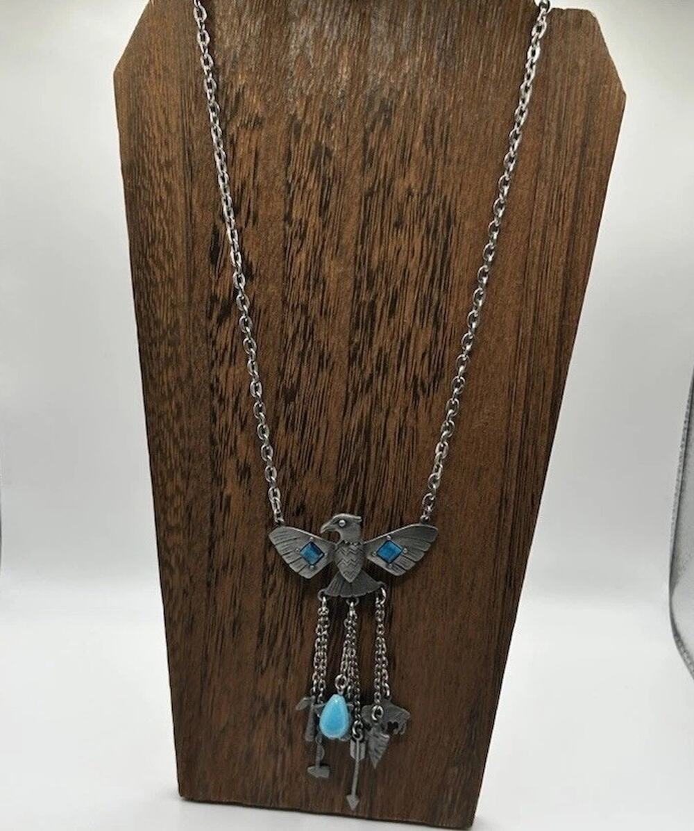 Vintage Native American Thunderbird Silver Tone and Turquoise Park Lane Necklace